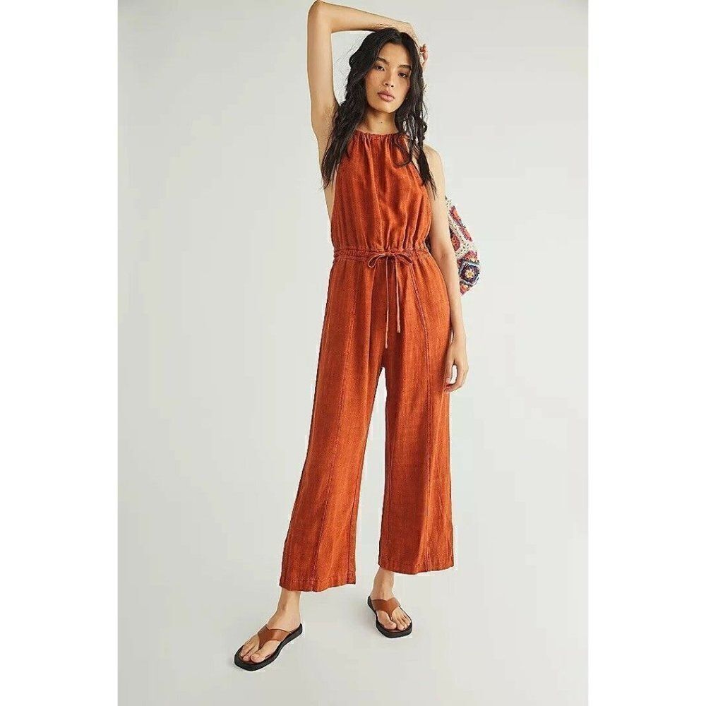 NWT FREE PEOPLE Sz L CLEAN LINEN ONE PIECE HALTER JUMPSUIT OPEN BACK JUMPER